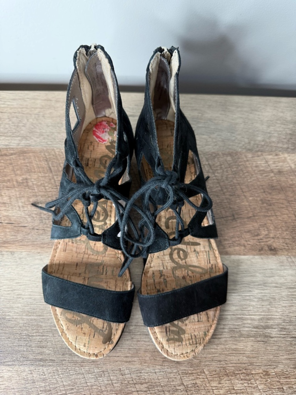 SAM EDELMAN Black Suede Dean Gladiator Sandals Lace Up Cork Zipper Size 7 - Picture 10 of 12